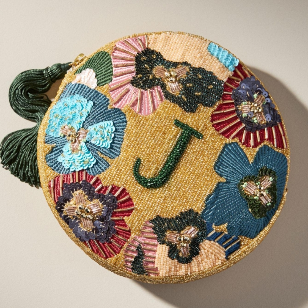 Anthropologie Holiday Monogram Embellished Pouch - J - new